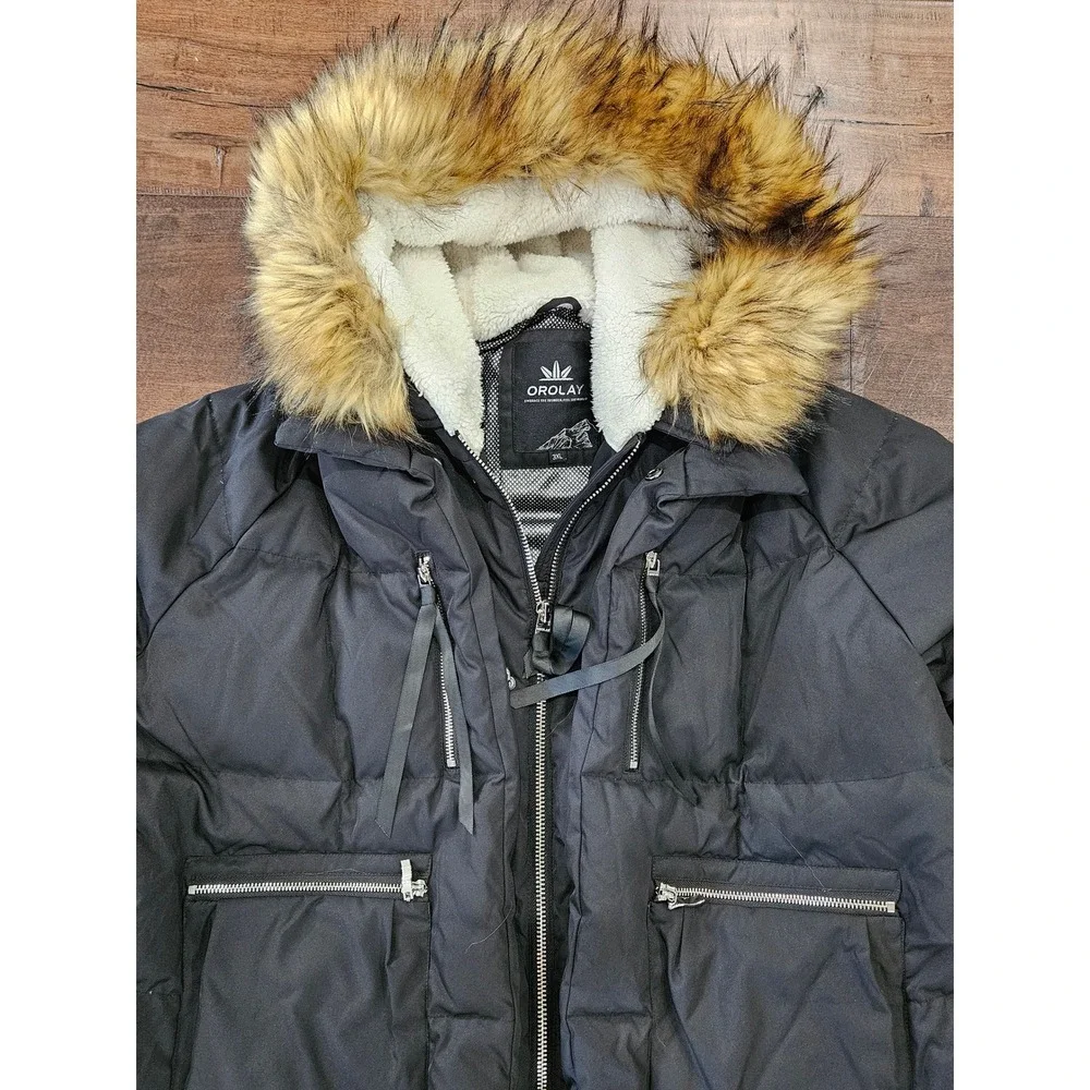 Orolay Ski Lodge Expandable 3XL Black Thickened Down Jacket Faux Fur Hood